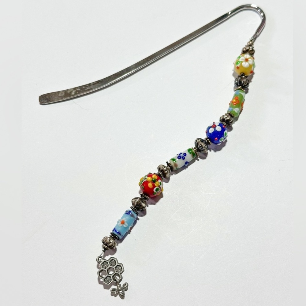 Handmade Silvertone Beaded Floral Metal Bookmark Cottagecore Whimsigoth Bee